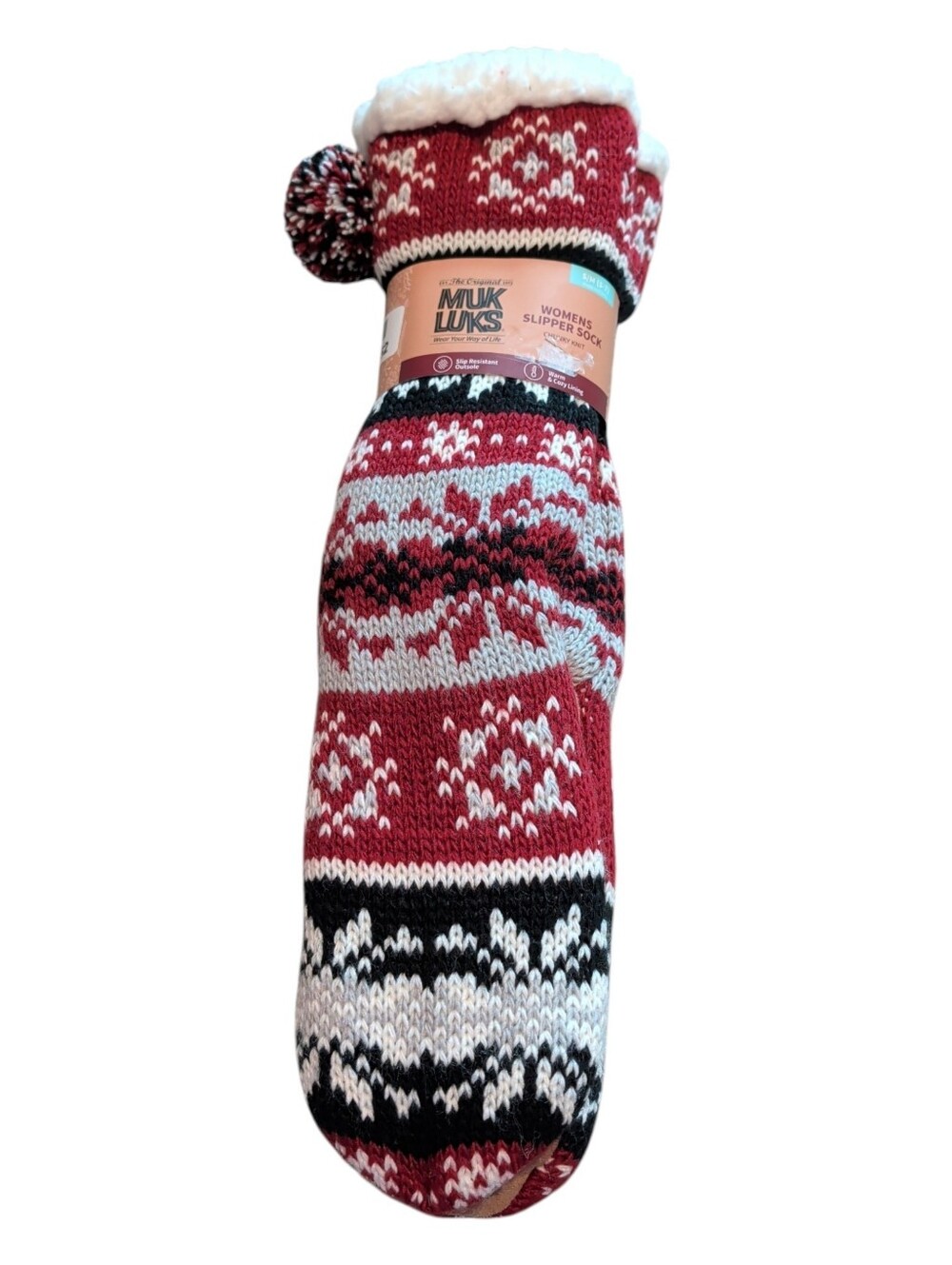 Muk Luks Red, White & Black Pom Pom Slipper Socks 5-7 Women's